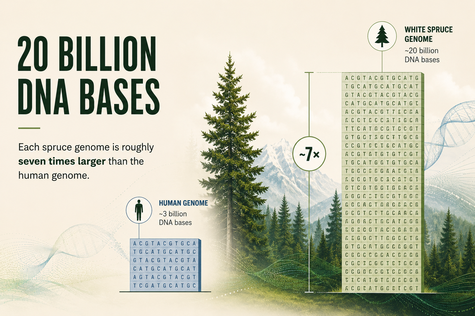 Each white spruce genome contains approximately 20 billion DNA bases—about seven times more than the roughly 3 billion DNA bases in the human genome.