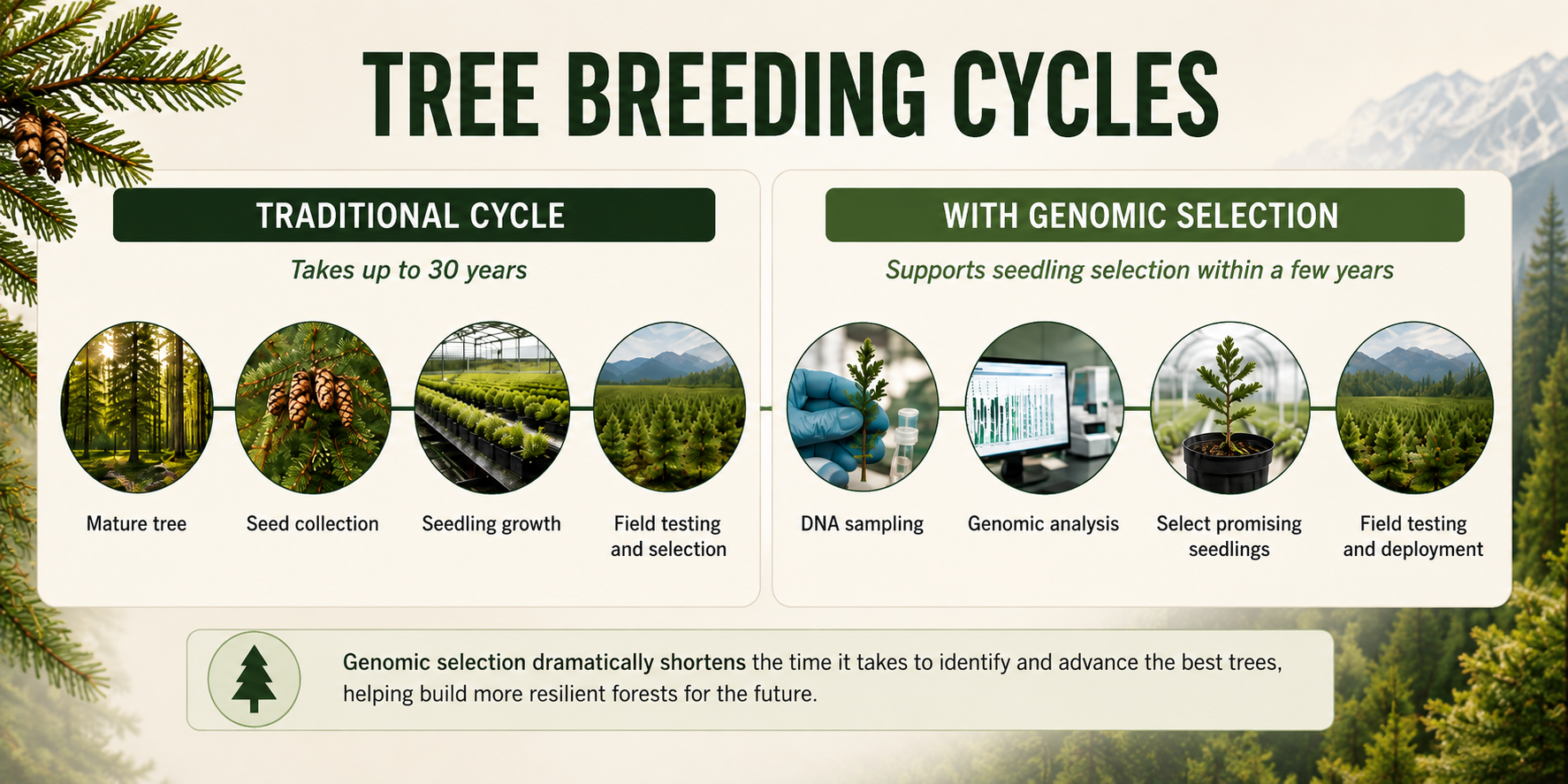 Comparison of forest breeding cycles. Traditional breeding can take up to 30 years and progresses from a mature tree through seed collection, seedling growth, and field testing and selection. With genomic selection, DNA sampling and genomic analysis identify promising seedlings much earlier, followed by field testing and deployment.
